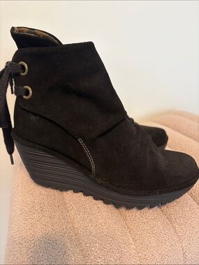 NWOT Fly London Yebi Black Suede Wedge Ankle Boots size 37EU, 6.5-7US